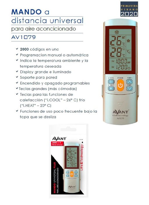 AVANT CONNECT Mando Aire Acondicionado Avant Plus - Mando a Distancia Universal con 2000 Codigos