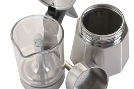 DKD Home Decor Cafetera 'Basicos' de Borosilicato Transparente y Acero Plateado, Apta Inducción, 300ml, 10x21x16 cm