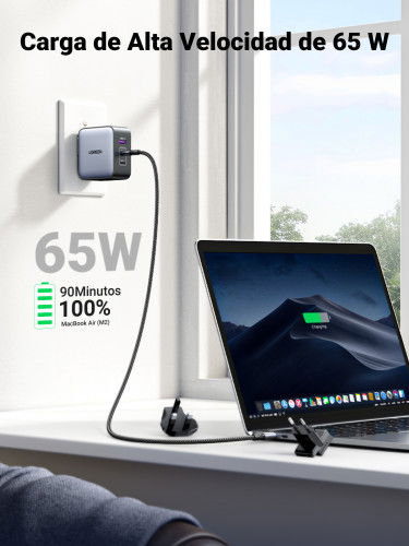 UGREEN 90409 Cargador Nexode GaN II 65W, 3 Puertos USB C/A, Carga Rápida para Teléfonos, Portátiles, Tabletas, Gris