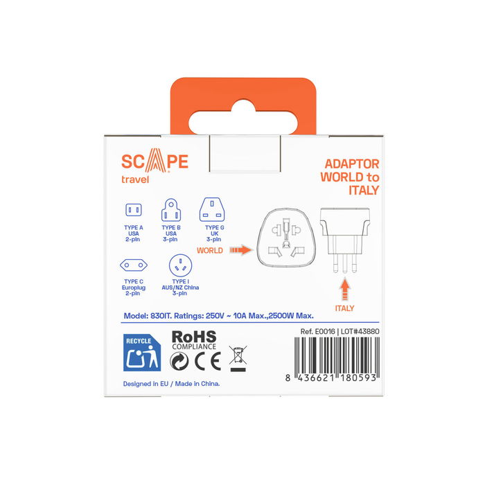 Scape Travel Adaptador de viaje Internacional a Italia