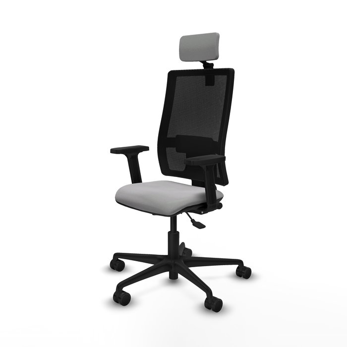 Silla de oficina Bormate con mecanismo Asincro tapizada con Tela color Gris claro y malla color Negro. Equipada con lumbar 1D, Brazos 2D, Cabecero 2D y Ruedas 65mm nailon
