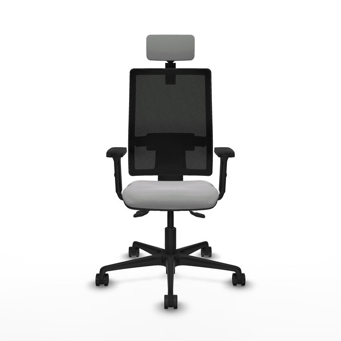 Silla de oficina Bormate con mecanismo Asincro tapizada con Tela color Gris claro y malla color Negro. Equipada con lumbar 1D, Brazos 2D, Cabecero 2D y Ruedas 65mm nailon