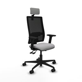 Silla de oficina Bormate con mecanismo Asincro tapizada con Tela color Gris claro y malla color Negro. Equipada con lumbar 1D, Brazos 2D, Cabecero 2D y Ruedas 65mm nailon