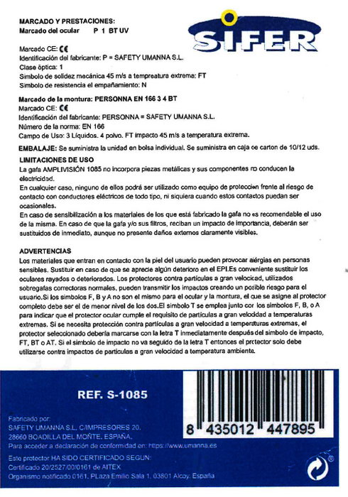 PERSONNA Gafas de seguridad Amplivision antirrayaduras clara 1085