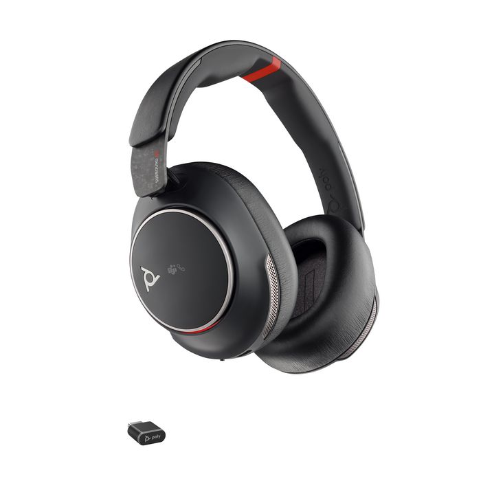 Poly Voyager Surround 85 UC Auriculares USB-C con Base de Carga Inalámbrica y Adaptador USB-C/A, Certificado para Microsoft Teams