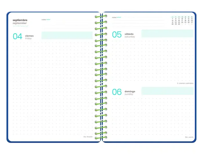 Liderpapel Agenda Escolar 26-27 Fantasy - Espiral Día Página A6+ - Interior Bilingüe (Español/Inglés) - Papel FSC 80g - Incluye Pegatinas - Color Chill