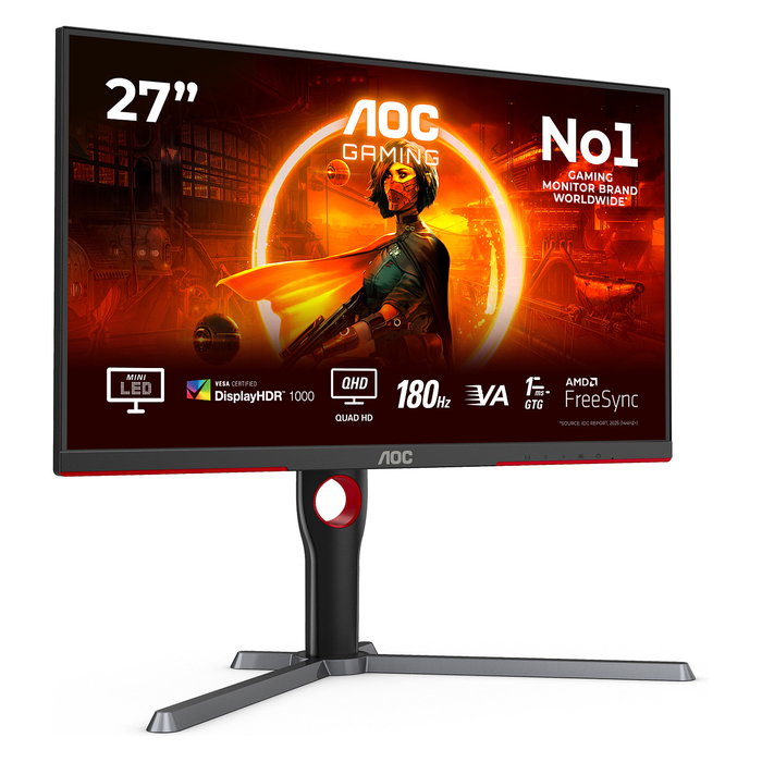 AOC Q27G3XMN/BK Monitor Gaming 27" QHD 2560x1440 Fast VA 180Hz 1ms HDR1000 DisplayHDR 1000 Mini-LED Pantalla Plana 16:9 Pivot Neg/Rojo