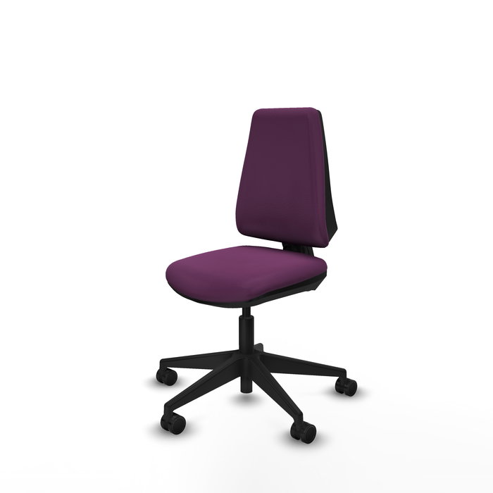 Silla de oficina Elche con mecanismo Contacto permanente básico tapizada con Similpiel color Morado. Equipada con Base piramidal negra, Sin brazos y Ruedas 65mm nailon