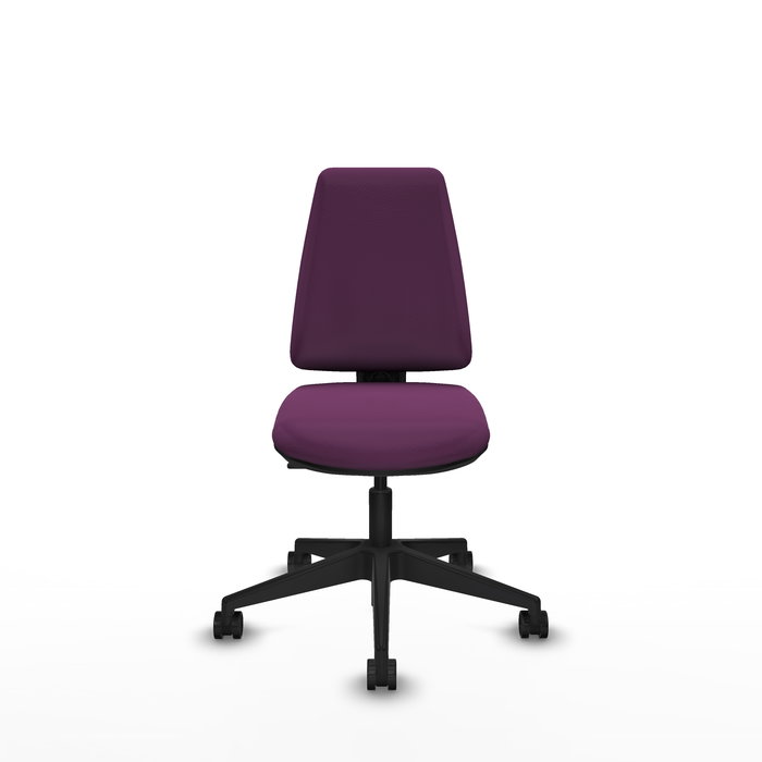 Silla de oficina Elche con mecanismo Contacto permanente básico tapizada con Similpiel color Morado. Equipada con Base piramidal negra, Sin brazos y Ruedas 65mm nailon