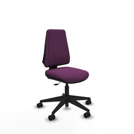 Silla de oficina Elche con mecanismo Contacto permanente básico tapizada con Similpiel color Morado. Equipada con Base piramidal negra, Sin brazos y Ruedas 65mm nailon