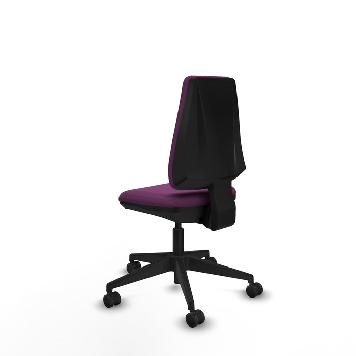 Silla de oficina Elche con mecanismo Contacto permanente básico tapizada con Similpiel color Morado. Equipada con Base piramidal negra, Sin brazos y Ruedas 65mm nailon