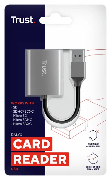 Trust Lector de Tarjetas Dalyx Fast USB 3.2 Gen 1 para SD y microSD, Carcasa de Aluminio, Velocidad hasta 104 MB/s, Incluye Cable Corto - 013R00587
