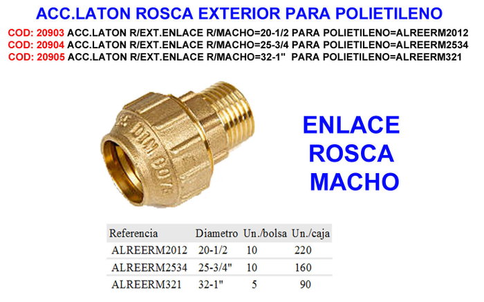 Accesorio de latón para polietileno con enlace rosca macho 32-1 Accesorio de latón para polietileno con enlace rosca macho 32-1