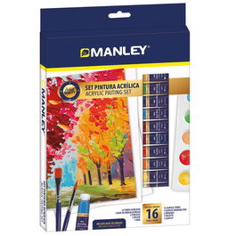 Pintura Acrilica Manley Set De 16 (12X Pintura Acrilica 12Ml, 2X Pinceles, 1X Paleta, 1X Bloc Dibujo)