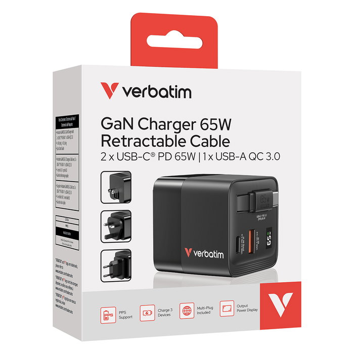 Verbatim Cargador GaN 65W con Cable Retráctil, 2 Puertos (USB-C/USB-A), Quick Charge 3.0, USB-PD 3.0, Compatible con Enchufes EU/UK/US, Negro