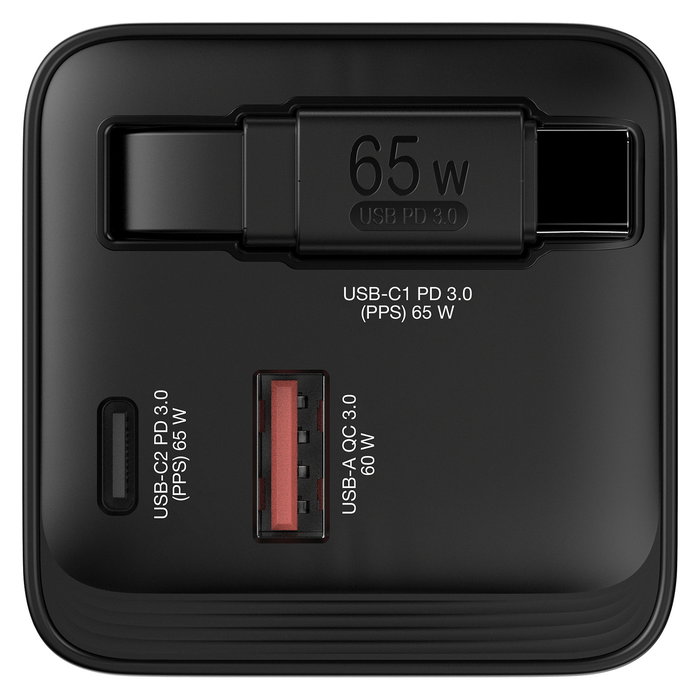 Verbatim Cargador GaN 65W con Cable Retráctil, 2 Puertos (USB-C/USB-A), Quick Charge 3.0, USB-PD 3.0, Compatible con Enchufes EU/UK/US, Negro