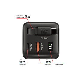 Verbatim Cargador GaN 65W con Cable Retráctil, 2 Puertos (USB-C/USB-A), Quick Charge 3.0, USB-PD 3.0, Compatible con Enchufes EU/UK/US, Negro