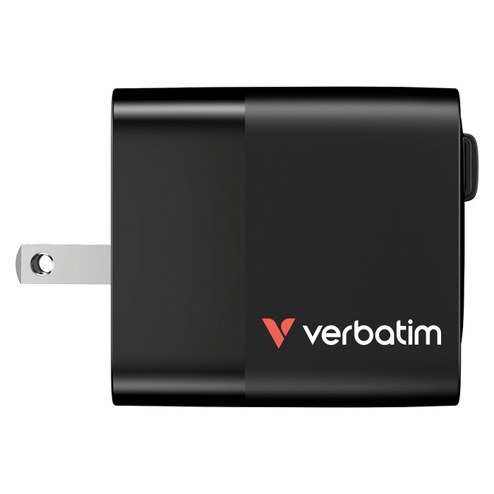 Verbatim Cargador GaN 65W con Cable Retráctil, 2 Puertos (USB-C/USB-A), Quick Charge 3.0, USB-PD 3.0, Compatible con Enchufes EU/UK/US, Negro