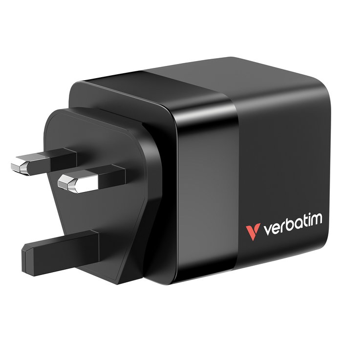 Verbatim Cargador GaN 65W con Cable Retráctil, 2 Puertos (USB-C/USB-A), Quick Charge 3.0, USB-PD 3.0, Compatible con Enchufes EU/UK/US, Negro