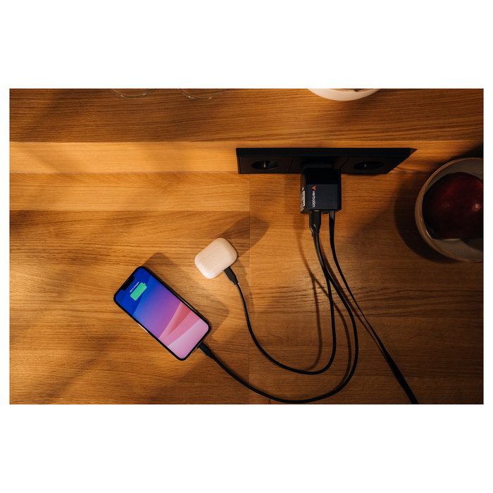 Verbatim Cargador GaN 65W con Cable Retráctil, 2 Puertos (USB-C/USB-A), Quick Charge 3.0, USB-PD 3.0, Compatible con Enchufes EU/UK/US, Negro