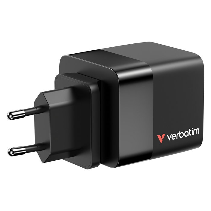 Verbatim Cargador GaN 65W con Cable Retráctil, 2 Puertos (USB-C/USB-A), Quick Charge 3.0, USB-PD 3.0, Compatible con Enchufes EU/UK/US, Negro