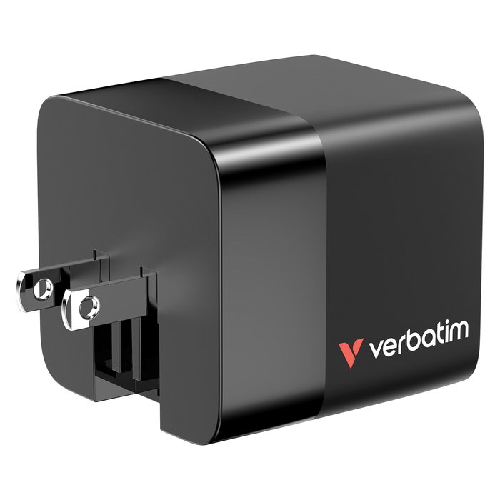 Verbatim Cargador GaN 65W con Cable Retráctil, 2 Puertos (USB-C/USB-A), Quick Charge 3.0, USB-PD 3.0, Compatible con Enchufes EU/UK/US, Negro