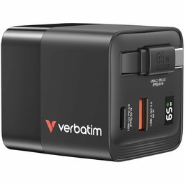 Verbatim Cargador GaN 65W con Cable Retráctil, 2 Puertos (USB-C/USB-A), Quick Charge 3.0, USB-PD 3.0, Compatible con Enchufes EU/UK/US, Negro
