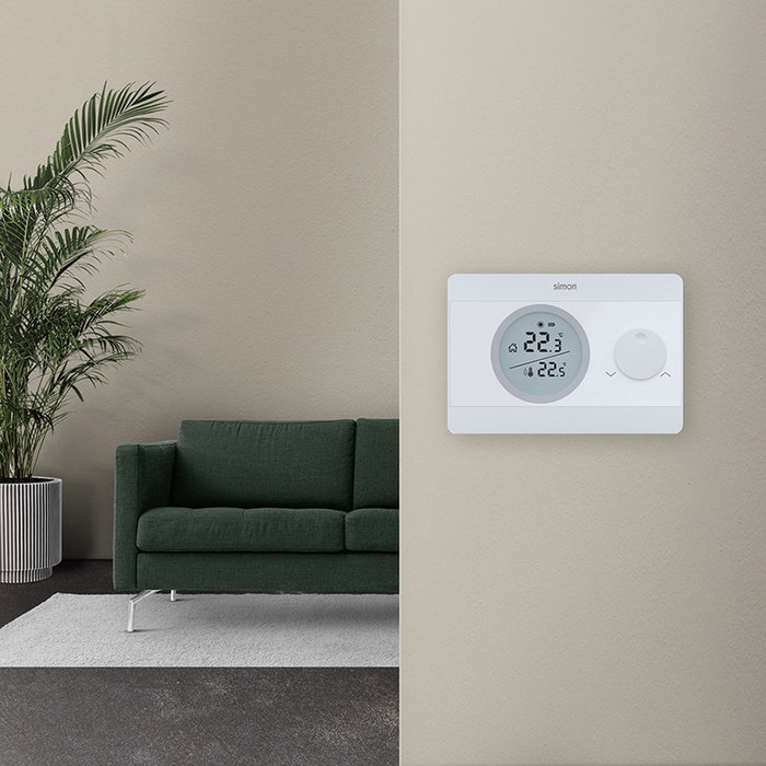 Simon Termostato digital On/Off, Blanco, Pantalla retroiluminada, 12,5 x 2,4 x 8,5 cm, IP20, Alimentación por pilas AAA Simon Termostato digital On/Off, Blanco, Pantalla retroiluminada, 12,5 x 2,4 x 8,5 cm, IP20, Alimentación por pilas AAA