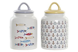 DKD Home Decor Bote Mediterraneo Multicolor Blanco Gres 11 x 19 x 11 cm (2 Unidades)