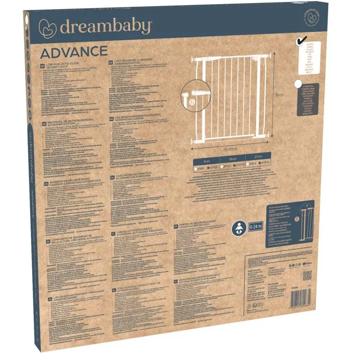 Dreambaby DRE9312742894634 Barrera de Seguridad Infantil con Cierre Automático Avanzado y Base Baja, para Niños de 75-81 cm y 76 cm de Altura, Color Blanco