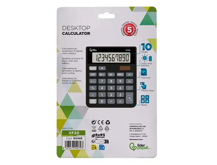 Liderpapel xf20 Calculadora Sobremesa 10 Dígitos Solar y Pilas Color Negro 127x105x24 mm