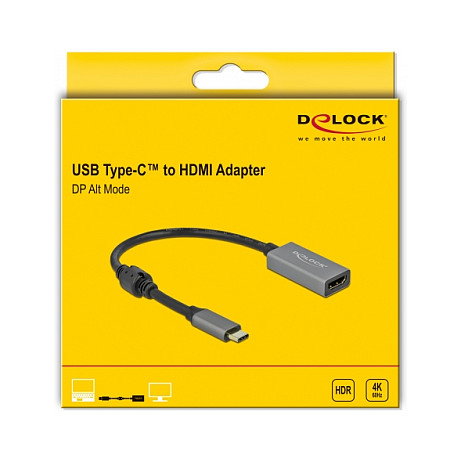 DeLOCK Adaptador Activo USB Type-C a HDMI, DP Alt Mode, 4K Ultra HD a 60Hz, HDR, Longitud de Cable 0.2m, Compatible con Windows y macOS, Negro/Gris