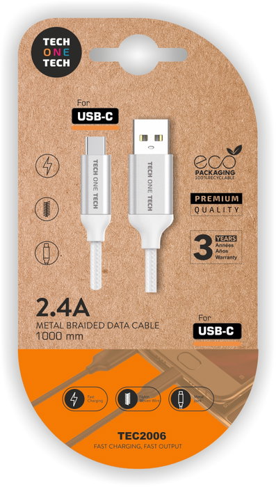 Tech One Tech Cable USB-A a USB-C de Nylon, 1m, Blanco Tech One Tech Cable USB-A a USB-C de Nylon, 1m, Blanco