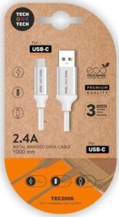 Tech One Tech Cable USB-A a USB-C de Nylon Blanco, 1m, TEC2006