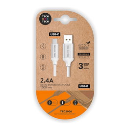 Tech One Tech Cable USB-A a USB-C 1m Blanco Nylon Carga Rápida Datos Resistente Duradero