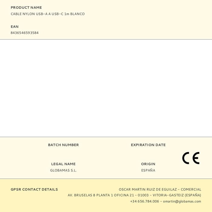 Tech One Tech Cable USB-A a USB-C 1m Blanco Nylon Carga Rápida Datos Resistente Duradero