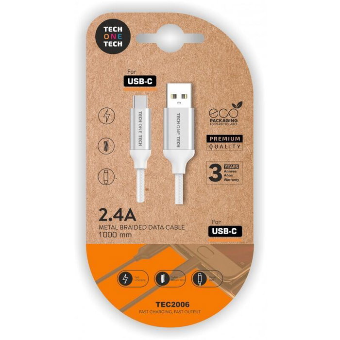Tech One Tech Cable USB-A a USB-C de Nylon, 1m, Blanco Tech One Tech Cable USB-A a USB-C de Nylon, 1m, Blanco