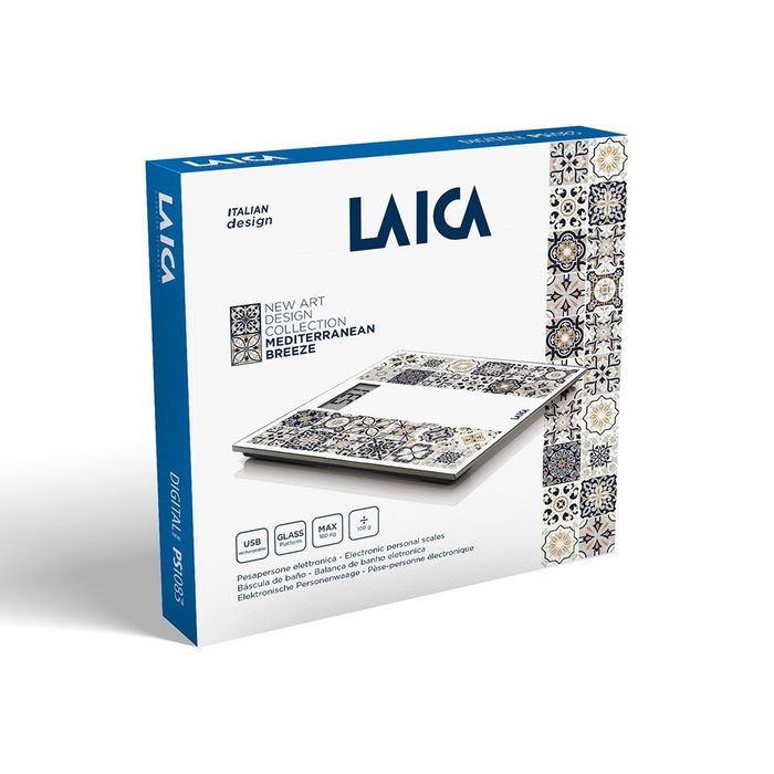 Laica Báscula de Baño Electrónica Recargable, Cristal Templado 6mm, Máx. 180 kg, Diseño Estampado Marrón, 30.5x30.5x2.5cm