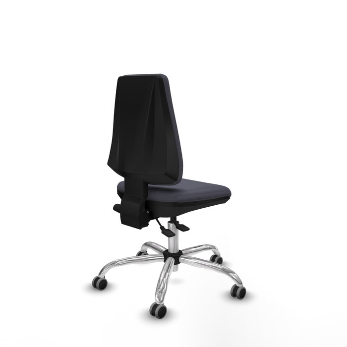Silla de oficina Elche con mecanismo Asincro tapizada con Tela color Gris oscuro. Equipada con Base cromada, Sin brazos y Ruedas 65 mm parqué