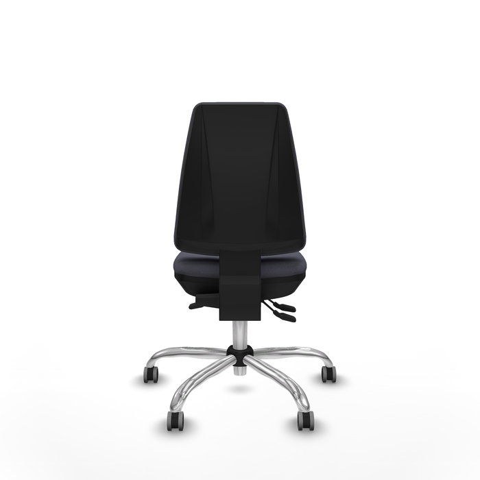 Silla de oficina Elche con mecanismo Asincro tapizada con Tela color Gris oscuro. Equipada con Base cromada, Sin brazos y Ruedas 65 mm parqué