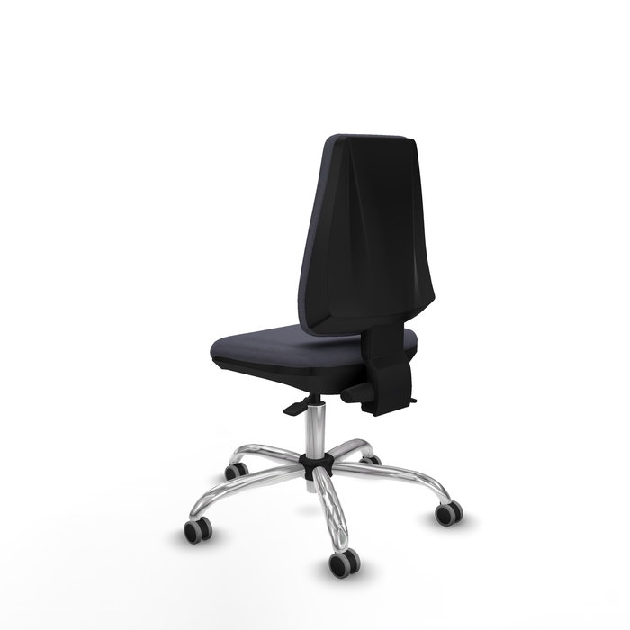 Silla de oficina Elche con mecanismo Asincro tapizada con Tela color Gris oscuro. Equipada con Base cromada, Sin brazos y Ruedas 65 mm parqué