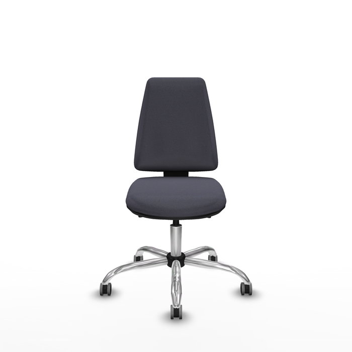 Silla de oficina Elche con mecanismo Asincro tapizada con Tela color Gris oscuro. Equipada con Base cromada, Sin brazos y Ruedas 65 mm parqué