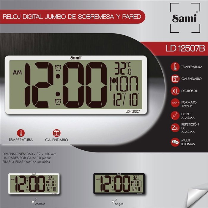 SAMI Reloj de sobremesa o pared LCD blanco modelo xxxl calen - Temporizador digital con calendario