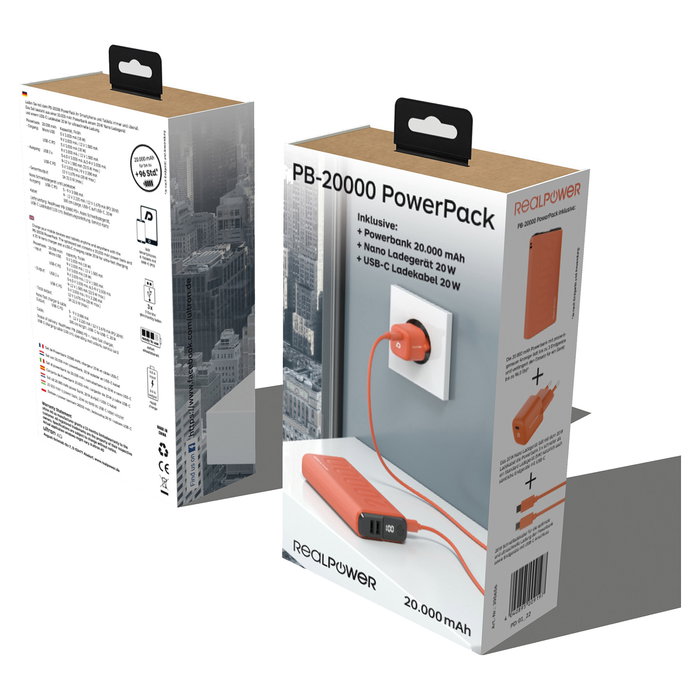 RealPower Powerbank PB-20000 20000mAh Naranja, Carga Rápida USB-C, Triple Puerto, 22.5W, 420g
