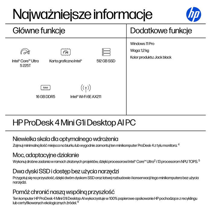 HP ProDesk 4 Mini G1i CU5 225T 16GB 512GB SSD Windows 11 Pro QWERTY