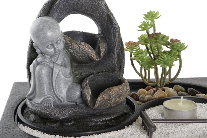 DKD Home Decor Fuente Oriental Buda Resina LED Negro Gris 2 Unidades 21 x 23 x 29 cm