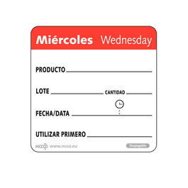 NCCO SRIDU2203 - Rollo de 500 etiquetas - "MIÉRCOLES" - 5 x 5 cm - Blanco y rojo - Venta 1 unidad.