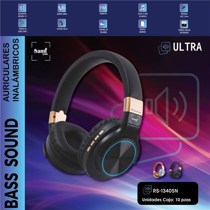 SAMI Auriculares Ultra Negro Plegable con FM, Bluetooth y AUX, 400 mAh