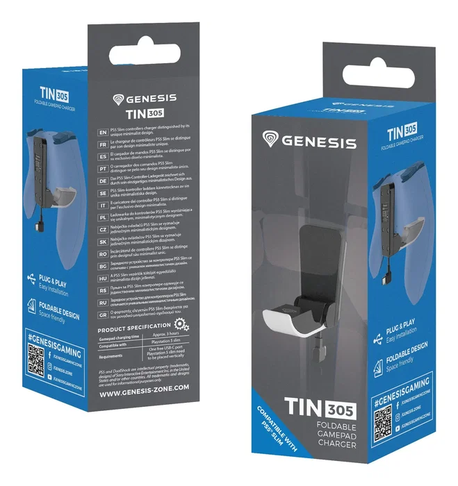 GENESIS Tin 305 Cargador Plegable para Controladores DualSense y DualSense Edge de PlayStation 5 (PS5 Slim) - Color Blanco y Negro GENESIS Tin 305 Cargador Plegable para Controladores DualSense y DualSense Edge de PlayStation 5 (PS5 Slim) - Color Blanco y Negro