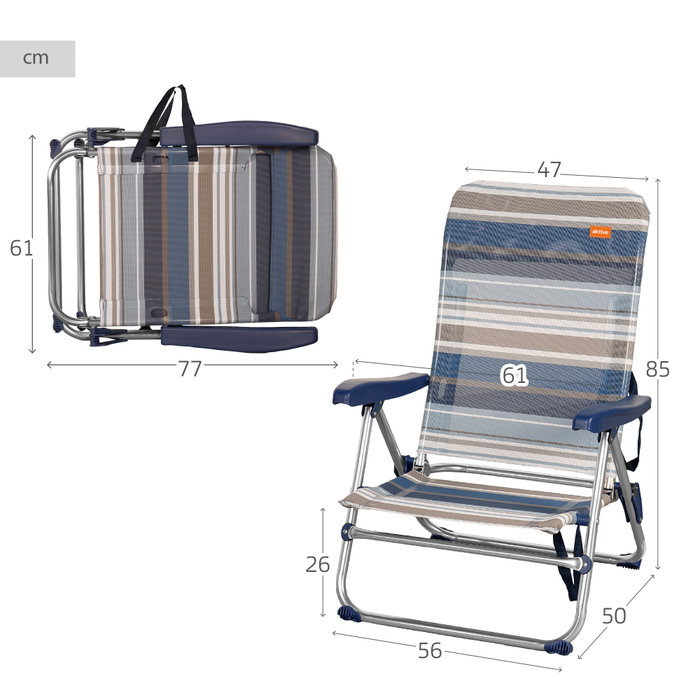 Aktive Silla de playa plegable baja a rayas azules y grises con 5 posiciones